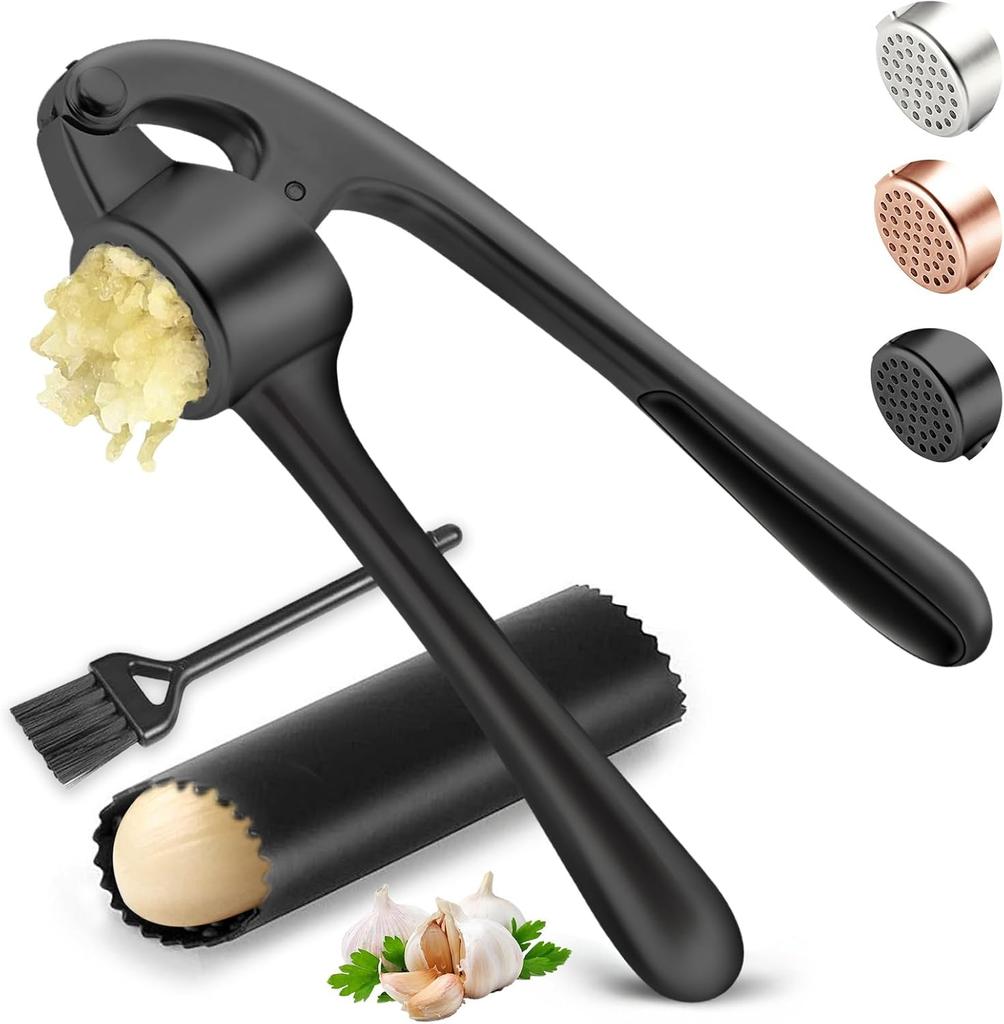 Kitchen Garlic Press Stainless Steel, Premium Rust Proof Dishwasher Safe Garlic Mincer, Durable Garlic Crusher Set with Peeler Brush, Easy To Clean