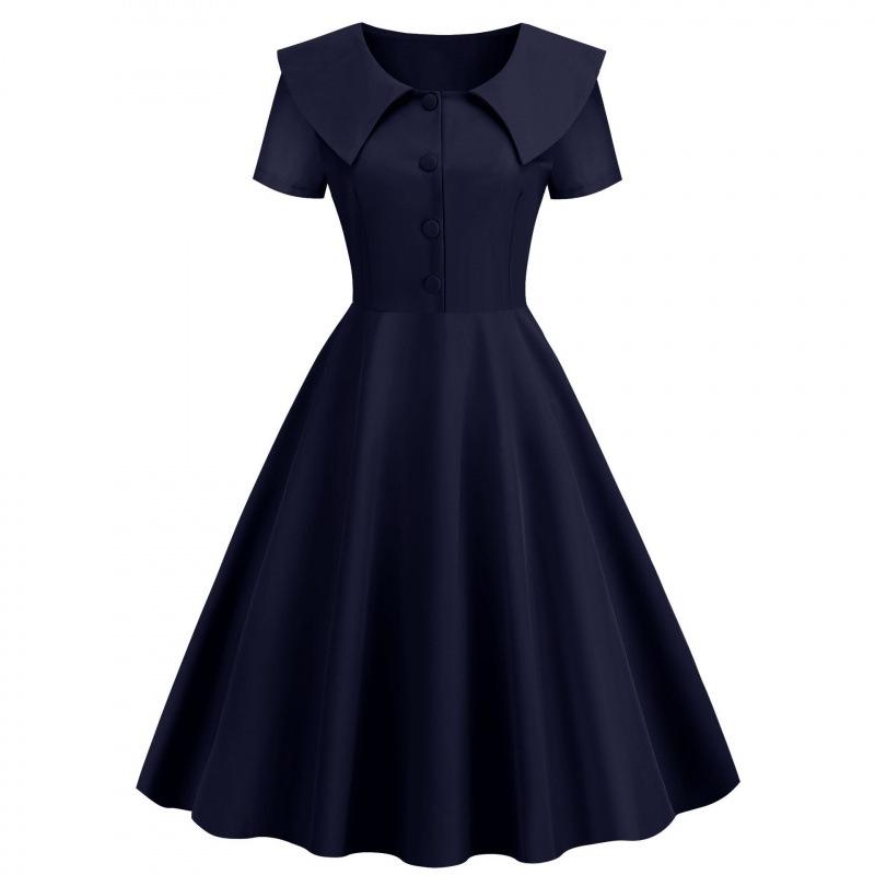 Vintage Solid Color Short Sleeve Button Casual Party Dress 2026