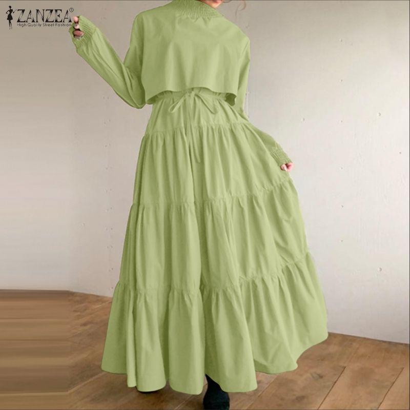 ZANZEA Abito casual da donna con colletto alla coreana, manica lunga larga