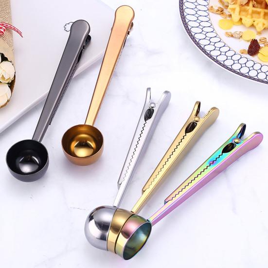 2-in-1 Löffel und Beutelclip, Messlöffel aus Edelstahl, Multifunktionaler Pulverversiegler für Milchkaffee, Luftdichter Clip