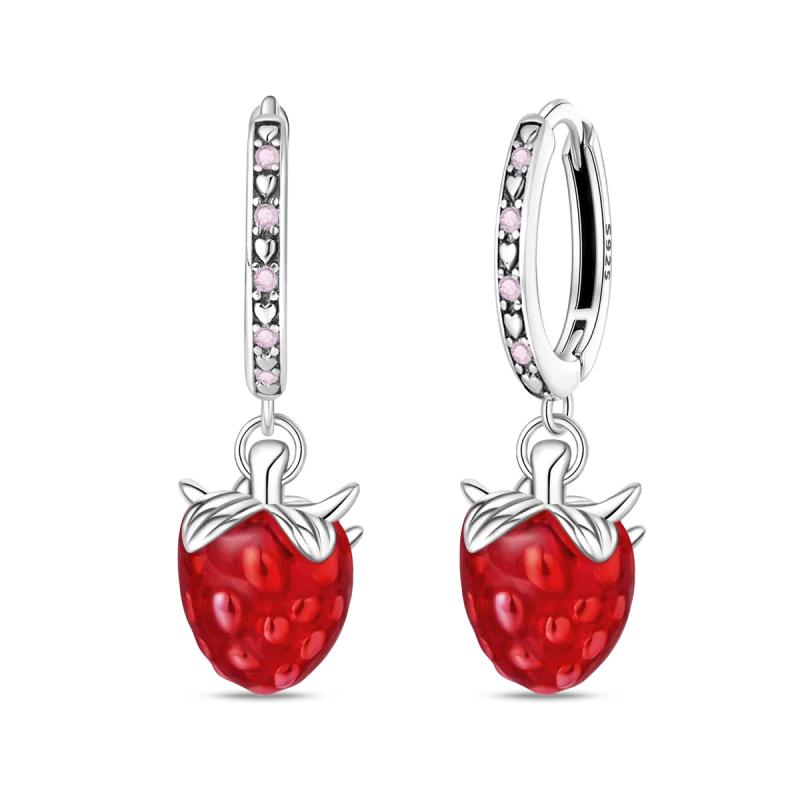 Original Earrings 925 Silver Fruit Series Cherry Strawberry Hoop Earrings Ear Studs Zircon Making Jewelry for Women Girl Party