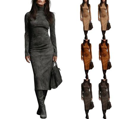 Women's Pleated Velvet Super Long Dress Long Sleeve High Neck Tight Long Dress Fashion Solid Color Dress