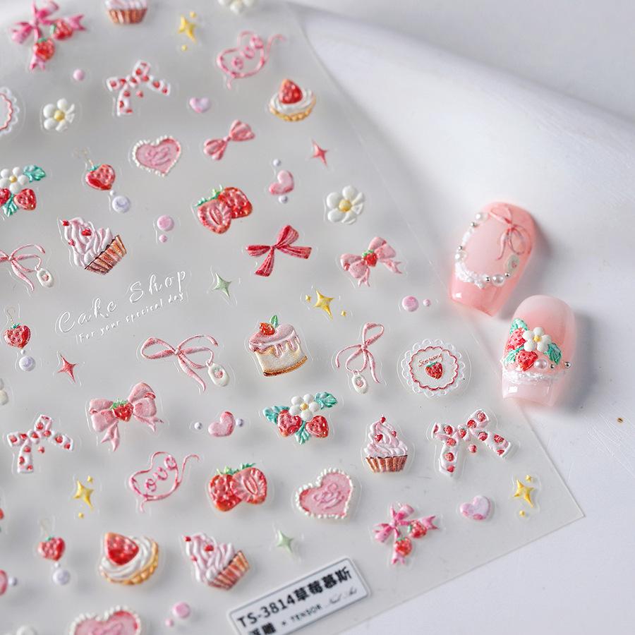 Magico Strawberry Mousse Cartoon Embossed Nail Stickers - Matte, Thin, Transparent Nail Art Decals (TS-3814)