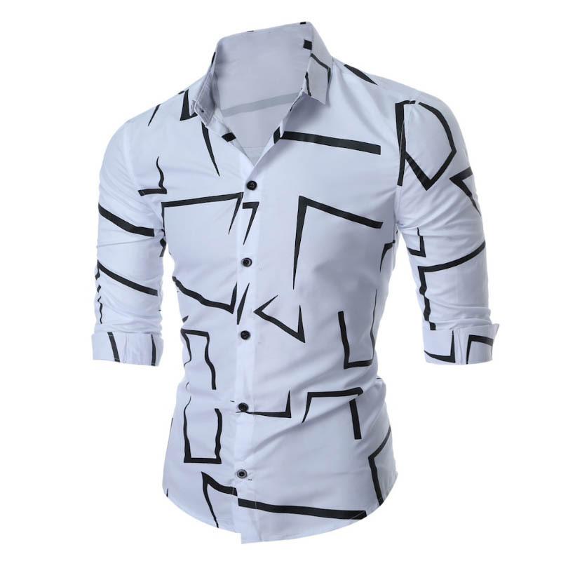 

Men Long Sleeve Geometric Print Casual Button Dress Shirt Tops S белый