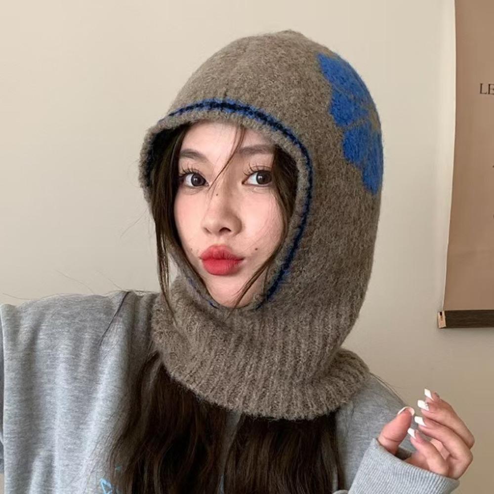 Neck Guard Flower Balaclava Hat Wool Knitted Pullover Hat Casual Ear Protection Hat  Winter/Autumn