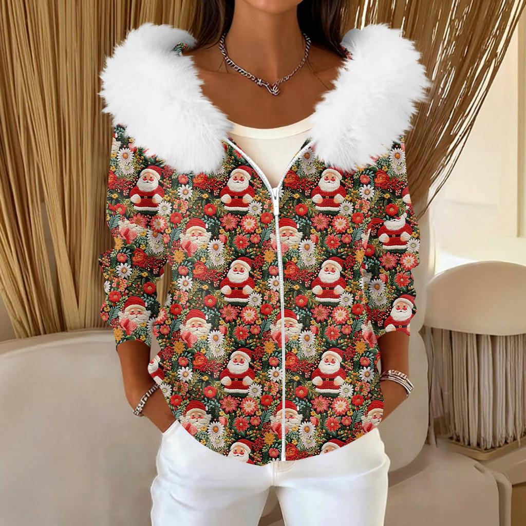 Women's Fashion Casual Sweater Zipper Print Cardigan Plush Hooded Jacket