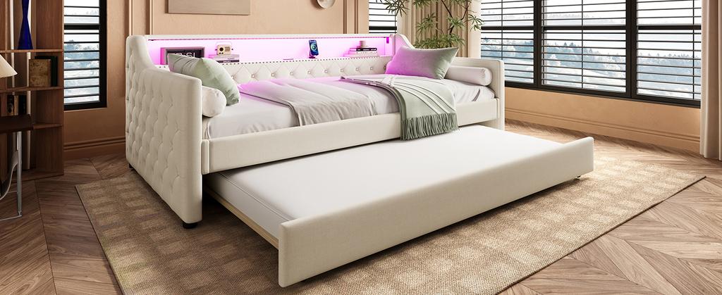 Tagesbett, 90 x 200cm, Schlafsofa, Tagesbett mit Lattenrost (ohne Matratze), Mit LED-Leuchten, Bett mit Ausziehbett, USB-Ladeanschluss, Leinen, Beige