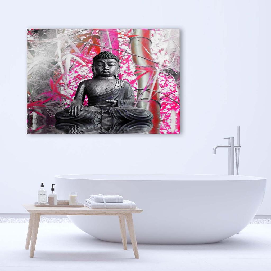 Canvas Print, Buddha and Bamboo Pink Leaves