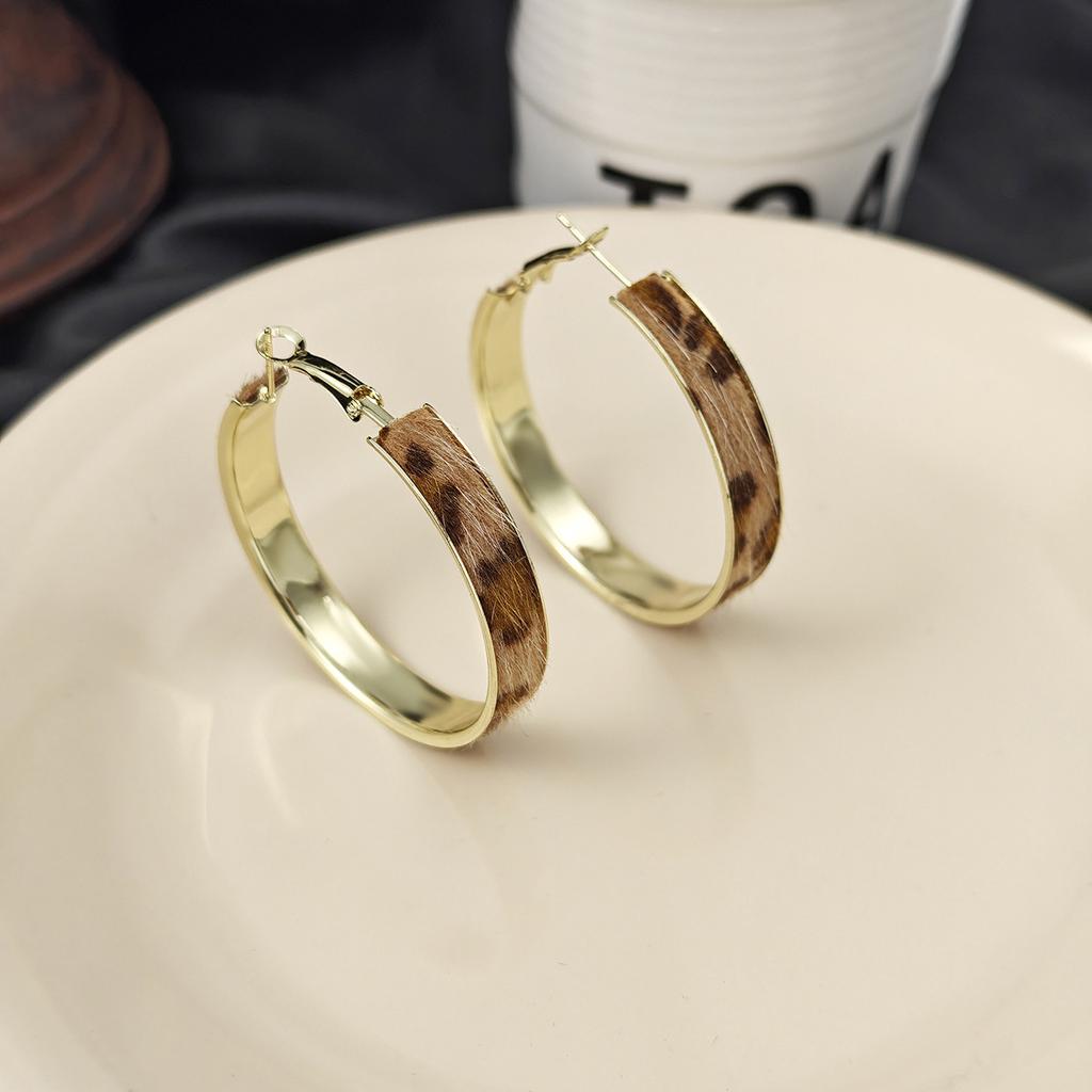 Leopard Print Geometric Round Earrings Autumn And Winter Temperament Stud Earrings Niche High-End Earrings Women