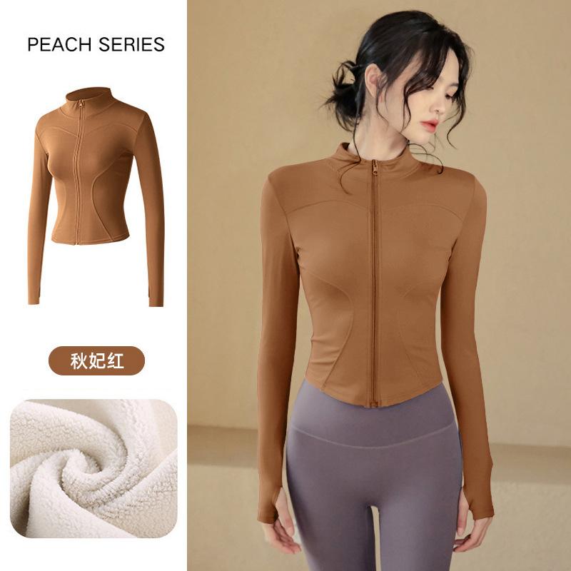 Spring warm tight stand-up neck cardigan slim yoga clothes jacket fitness clothes women's thick velvet running sports jacket