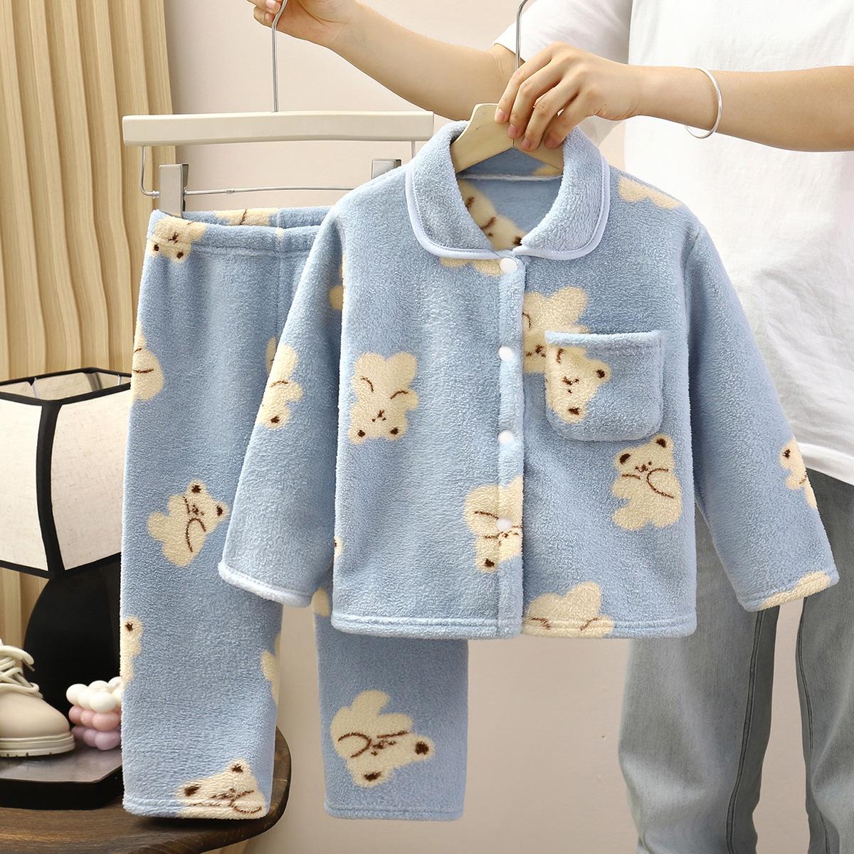 Kids Fleece Pajama Set Thickened Flannel Warm Open Front Loungewear For Boys Girls Baby Winter Home Clothes 90cm