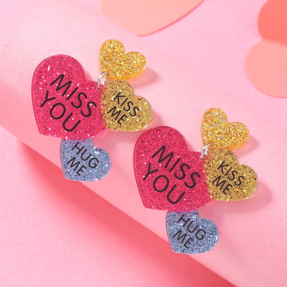 Korean Peach Heart LOVE Glitter Acrylic Dangle Earrings - Romantic Valentine's Day Girly Jewelry for Women