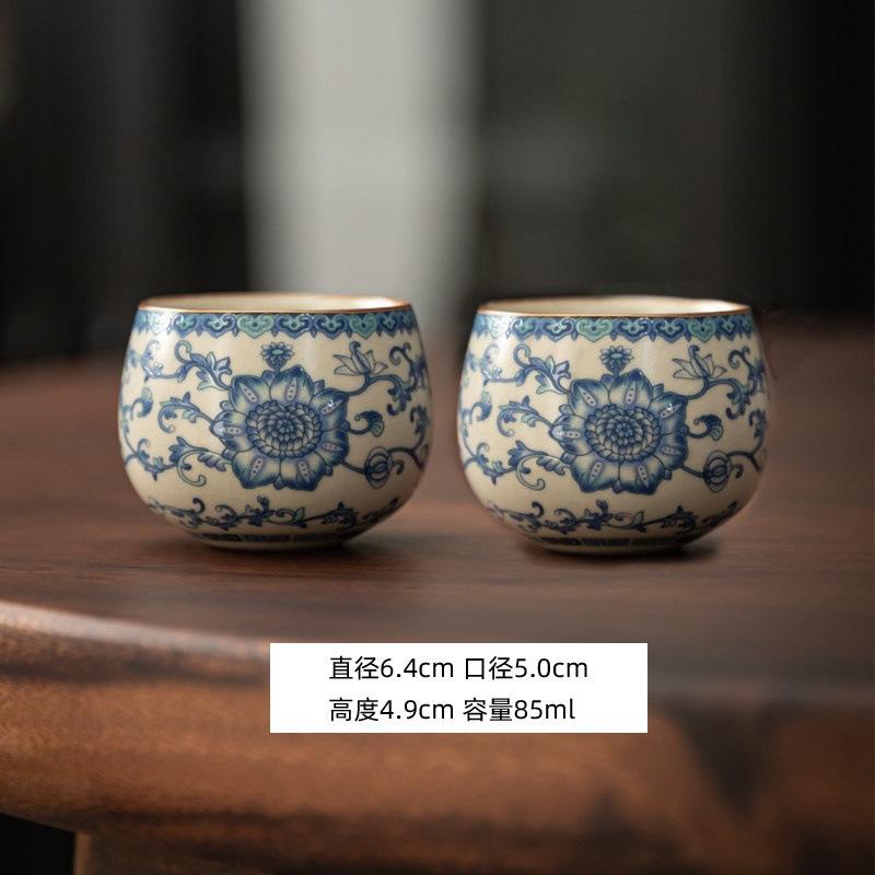 Ru kiln twisted branch lotus hand grab pot cover bowl teacup single high-end retro blue and white tea with lid ceramic kung fu tea set