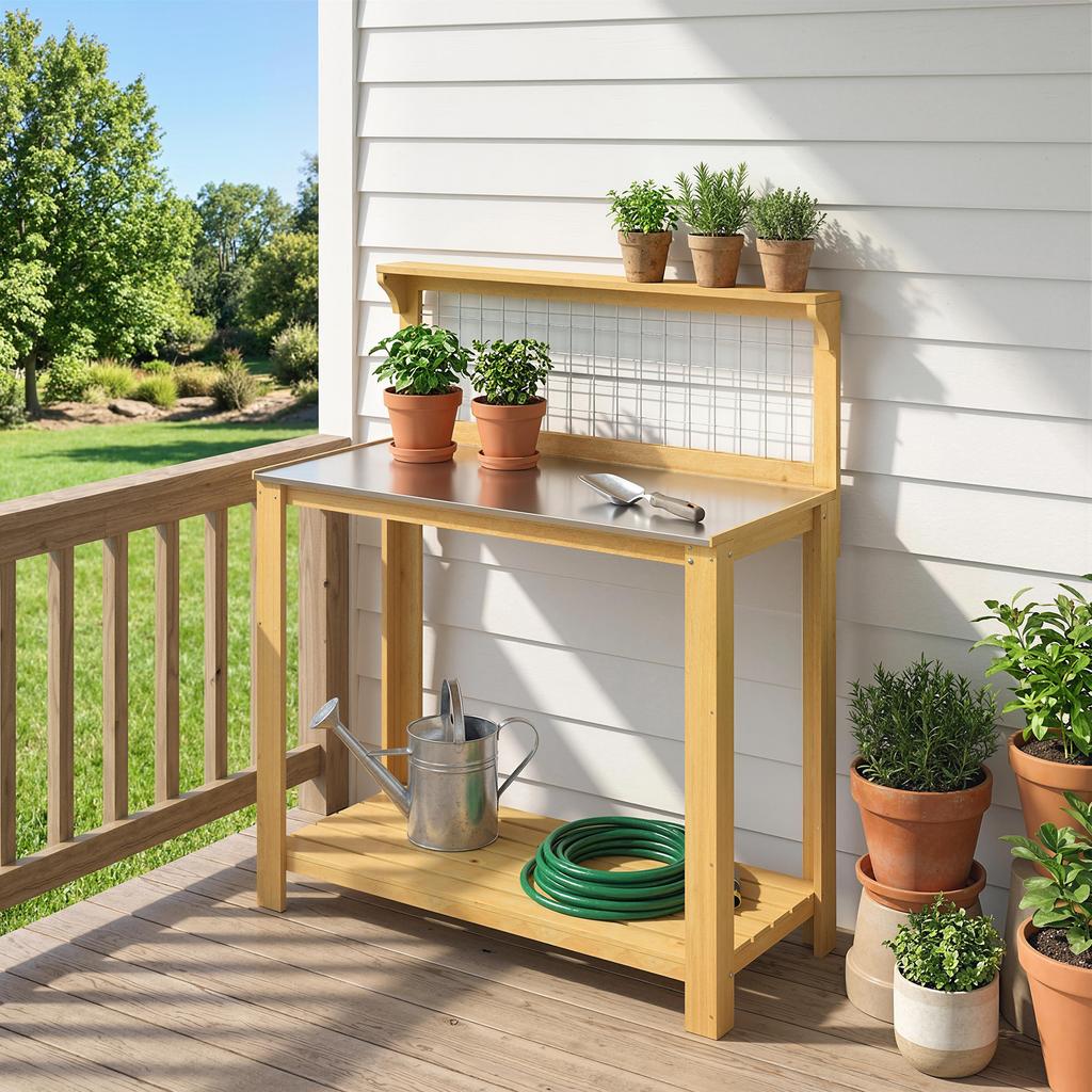 Wooden Potting Bench Table with Aluminium Worktop, Outdoor Garden Workbench with 2 Shelves