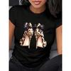Women's Leopard Print Bow High Heels Pattern Round Neck Short Sleeve T-Shirt