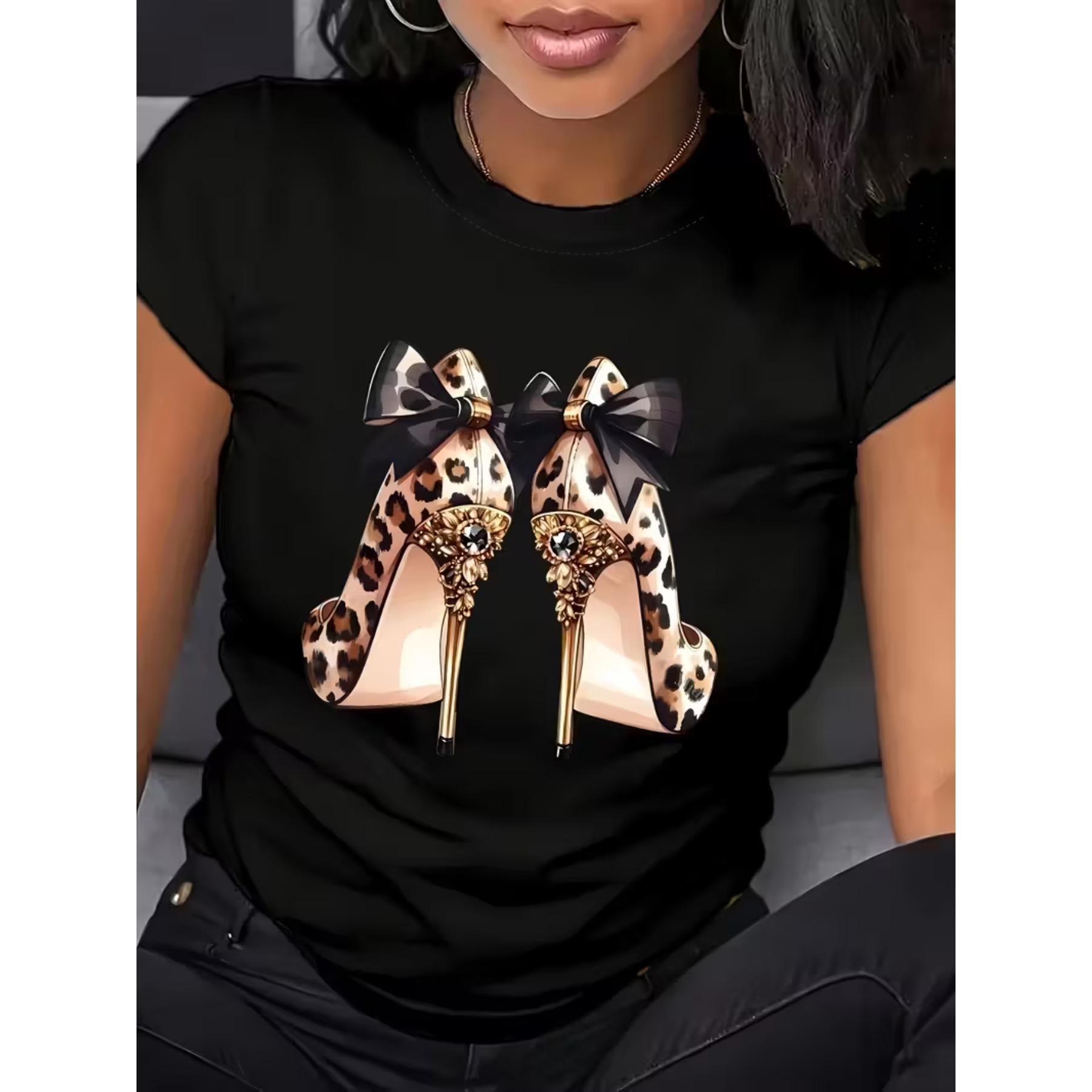 

Women s Leopard Print Bow High Heels Pattern Round Neck Short Sleeve T-Shirt XXL