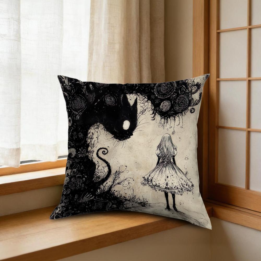 1pc Vintage Style Black And White Cat Girl Print Soft Fabric Cushion Cover For Sofa Bedroom Home Decor
