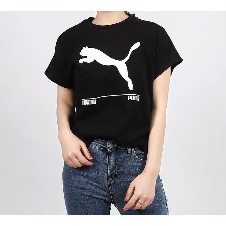 Puma T-shirt a maniche corte con logo grande e codice a barre da donna Top Nera 583865-01