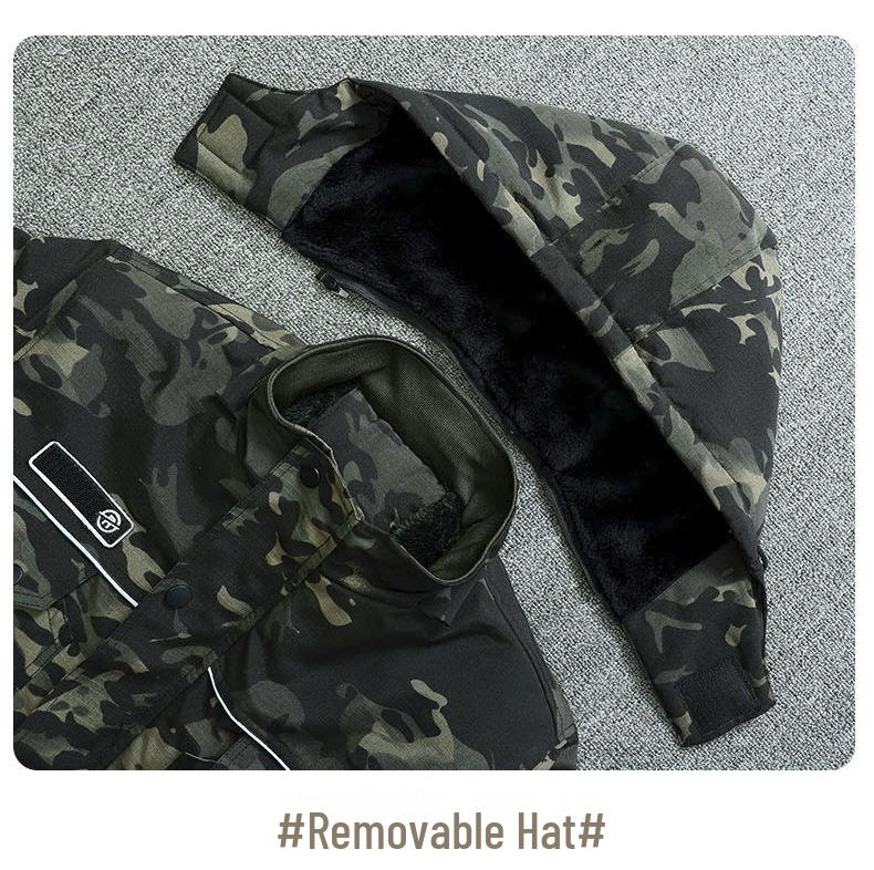 Men's Mid-Length Camouflage Cotton Jacket: Thick, Waterproof, Cold-Proof with Fleece Lining & Reflective Strips for Winter Workwear