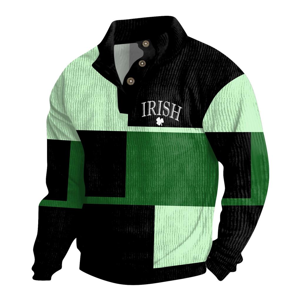 St. Patrick Men's Cotton Pullover Long Sleeve Outdoor Shirt Vintage Corduroy Button Stand Collar Shirt Casual Sweatshirt Print Top