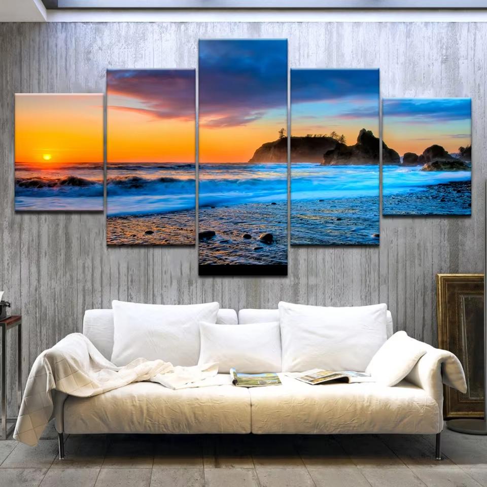 5 Stück Cleopatra Ozean Leinwandbild Wandkunst Oranger Himmel Ozeanstrand Multi Türkei Sandstrand Sonnenaufgang Wanddekoration Ohne Rahmen