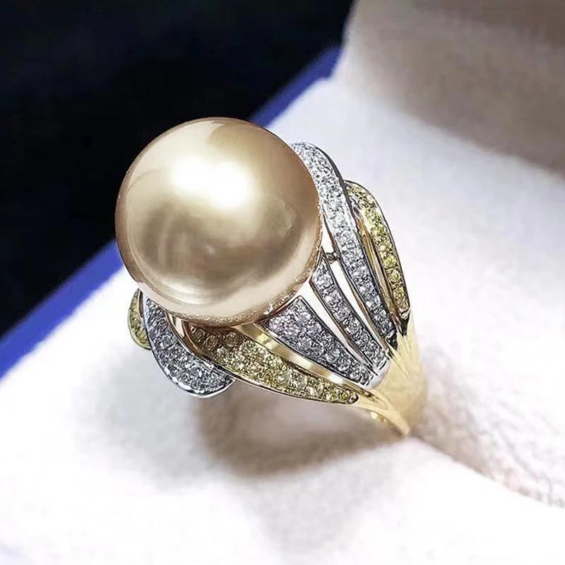 Gorgeous Champagne Imitation Pearl Rings for Women Two Tone Full CZ Luxury Trendy Wedding Engagement Jewelry New Arrival