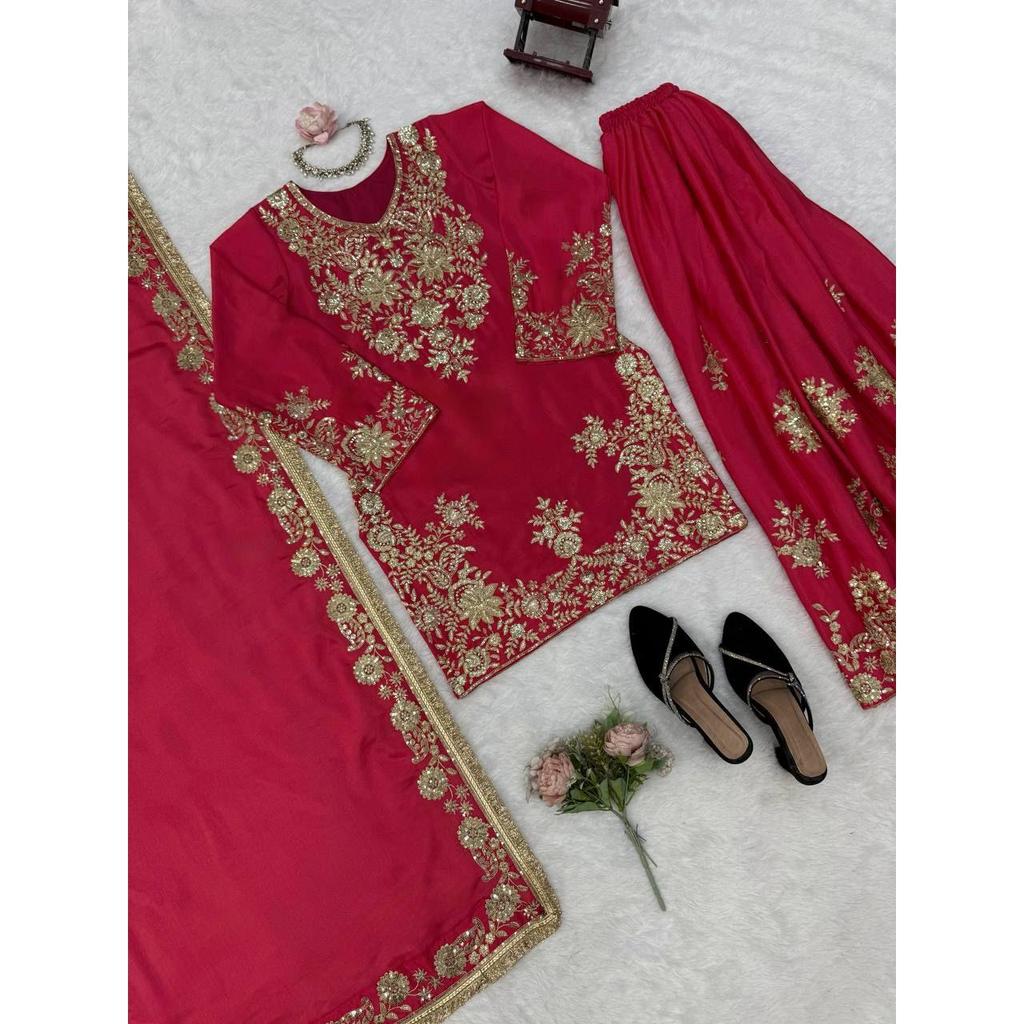 Presenting New Designer Embroidered Chinon Silk Sharara Suit With Sequence Embroidered Work