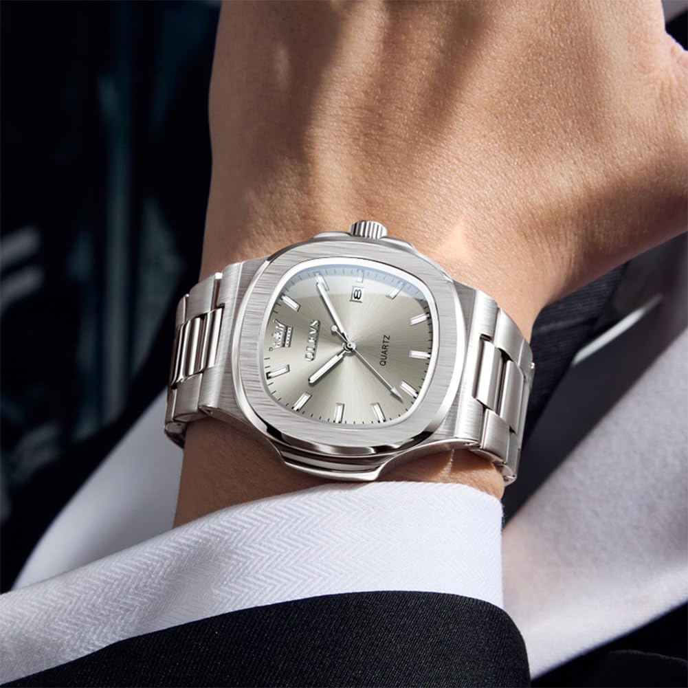 OLEVS Quartz Navy Stainless Date Stylish Gray Men's Watch, Design, Steel, Waterproof, Display, Calendar, Luminous, Popular, Brand,