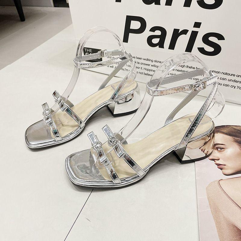 Silver fashion open-toed temperament high heels 2025 summer and autumn new thick heel French fairy style word with sandals woman