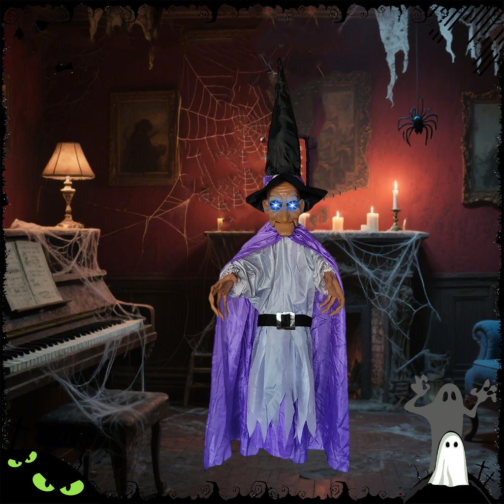Halloween Decor Animated Purple Witch Hanging House Prop Decorations LED Eyes