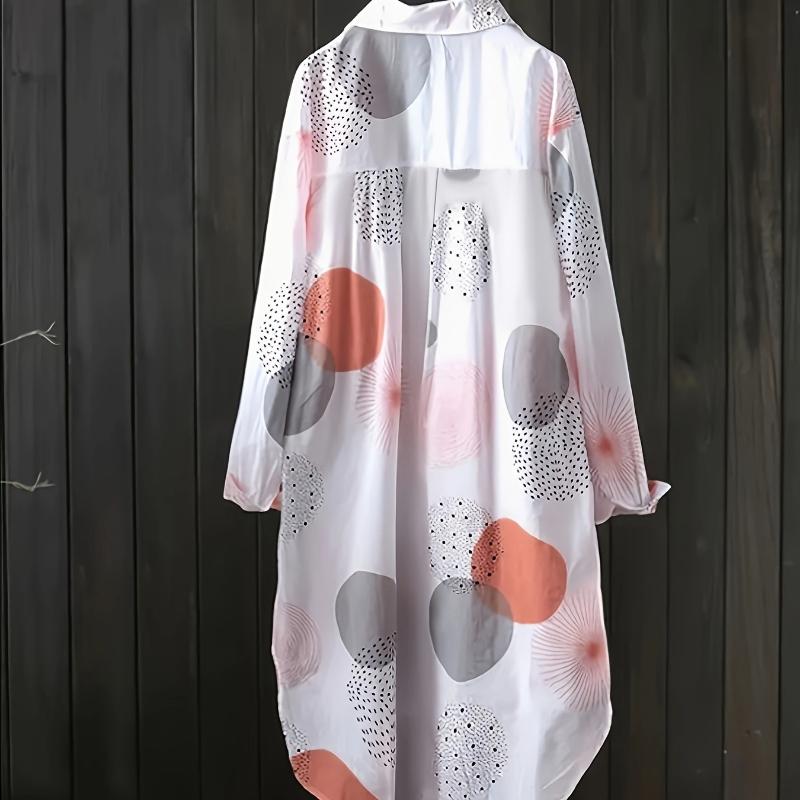 Lightweight Long Sleeve Geometric Print Shirt Women's Loose Fit Blouse, Mid-Thigh Length Button Front Casual Chic Tops for All Seasons
