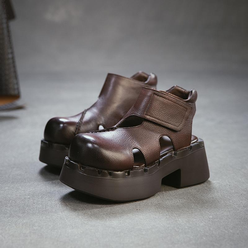 Johnature Echte Leder Höhe Steigernde Dicke Sohle Sandalen Runde Zehen Damen Plateau Schuhe