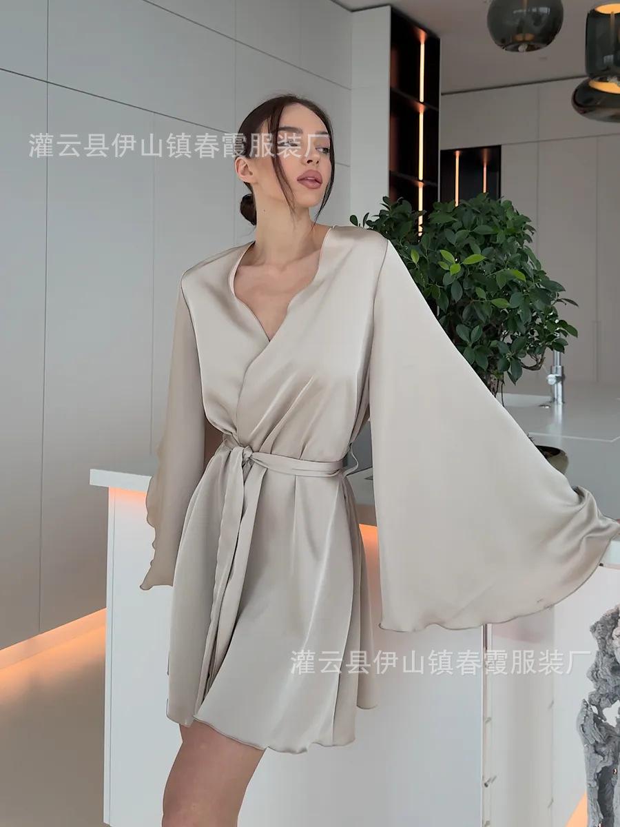 

Satin simulation silky comfortable pendant feeling large cuff bathrobe fashion dinner luxury high-end lace-up nightgown women XL шампанського