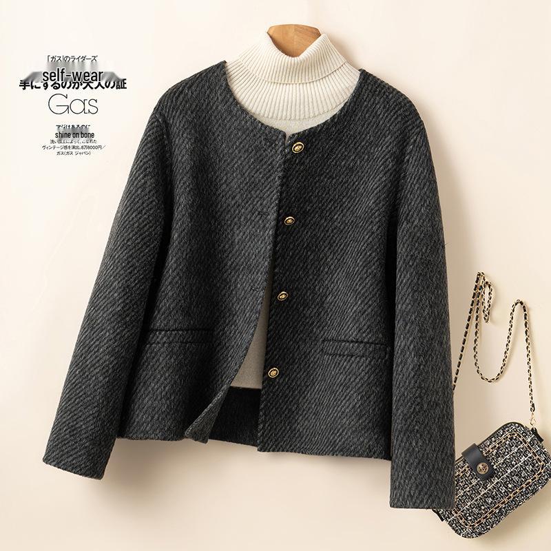 

Женское короткое двустороннее шерстяное пальто - корейский стиль, свободный крой, круглый вырез, осень/зима. Large