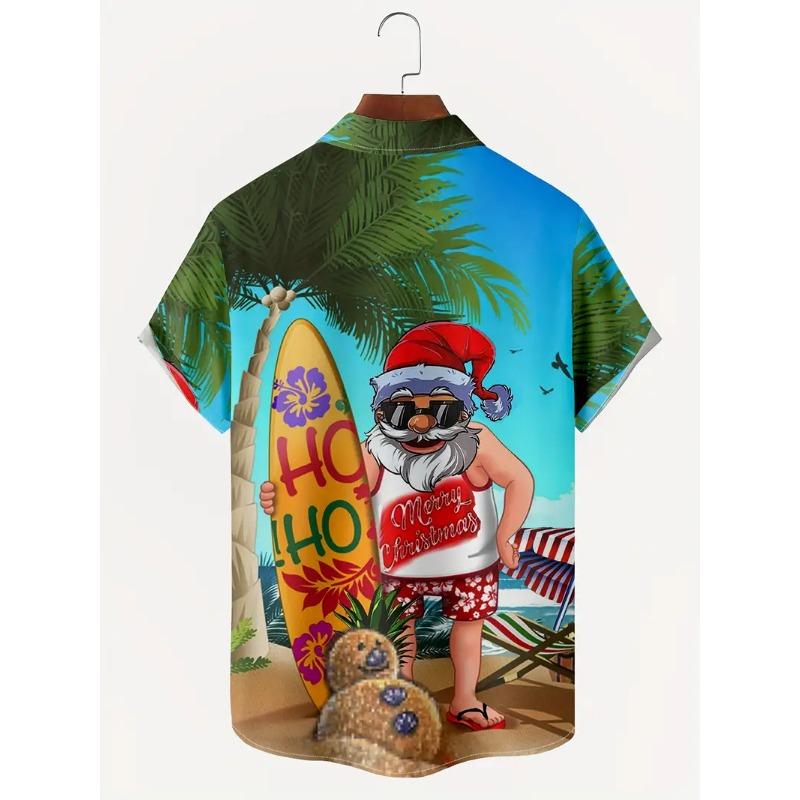 Kerstman Surfen Hawaïaans Shirt Unisex Mode Cartoon Shirts Korte Mouw Blouse Kerst Feestelijke Vakantie Tops