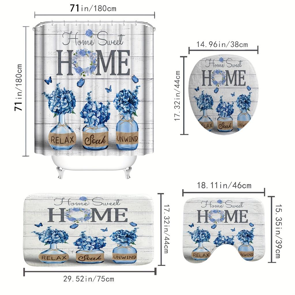 Juego de 4 cortinas de ducha de lujo con diseño de mariposas y hortensias azules, impermeables para baño, alfombras de baño antideslizantes, tapa de inodoro, alfombrilla de baño