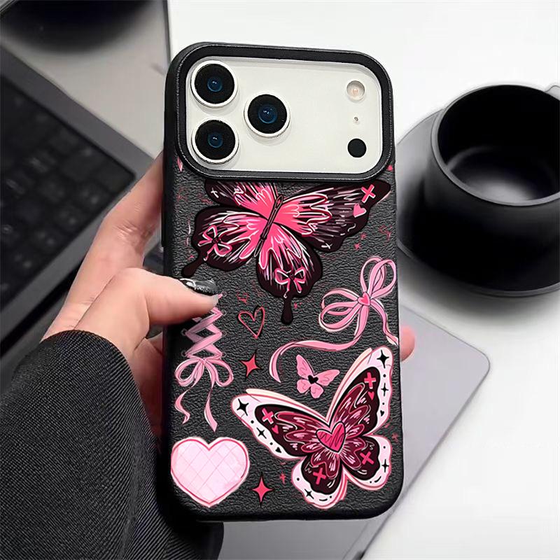 Lucky Bowknots Butterfly Pattern Case For iPhone 17 Pro Max Funda iPhone 16 Pro Max 15 14 13 12 11 Air 16E Leather Texture Silicone Cover