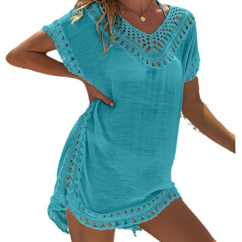 Hand-Crocheted Floral Neckline Short Beach Cardigan: European & American 2025 Women's Sun Protection Bikini Cover-Up.