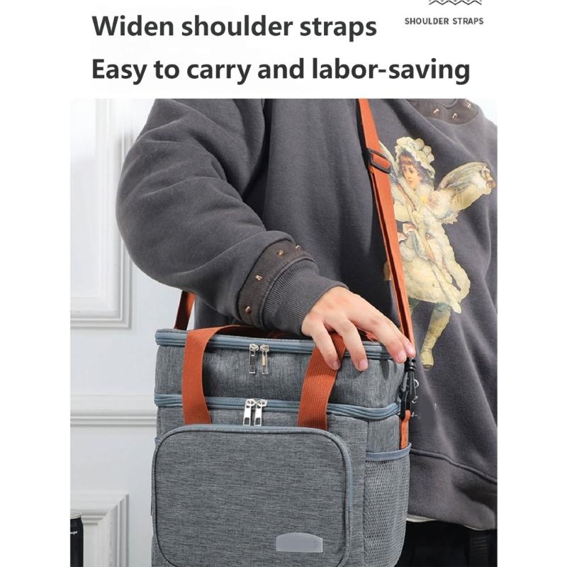 Expandable Double Deck Lunch Box Thermal Leak Proof Food Bag with Oversized Cup Pocket and Adjustable Strap