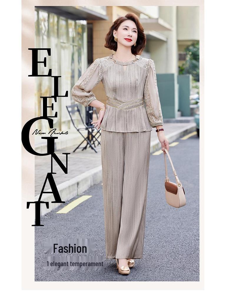 Elegant Autumn 2025 Satin Blouse & Seven-Sleeve Two-Piece Set for Middle-Aged and Elderly Women