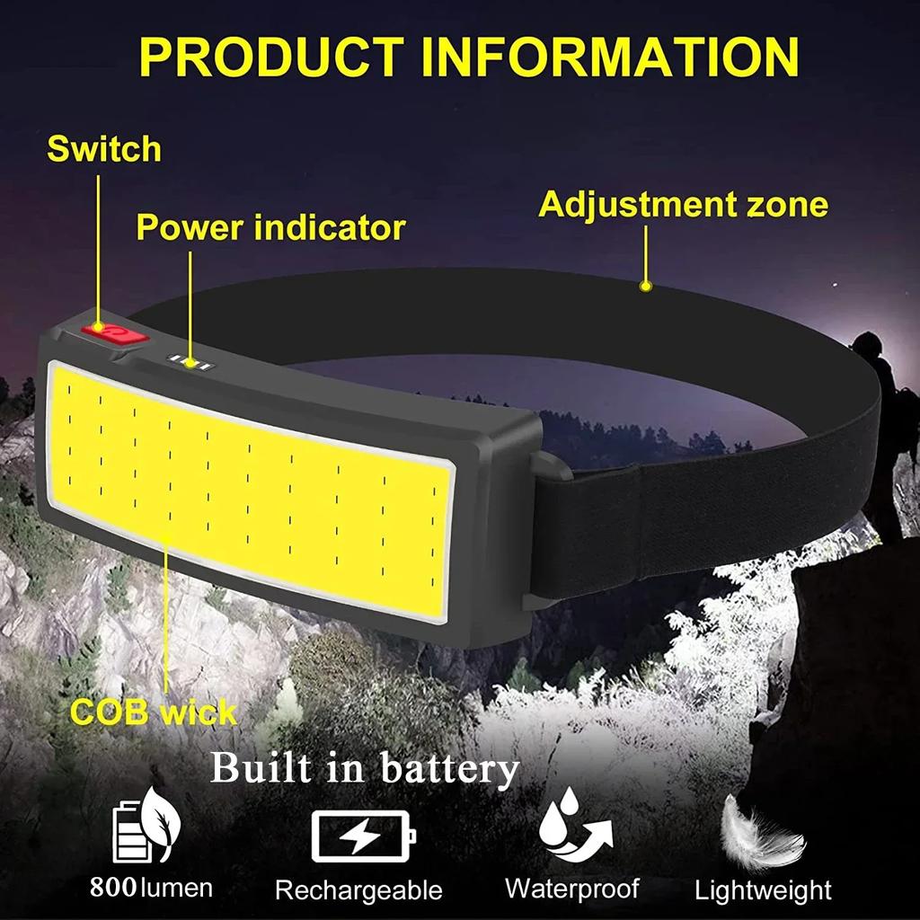 Portable COB LED Floodlight Head Flashlight Built-in Battery USB Rechargeable Outdoor Head-mounted Camping Hunting Headlamp