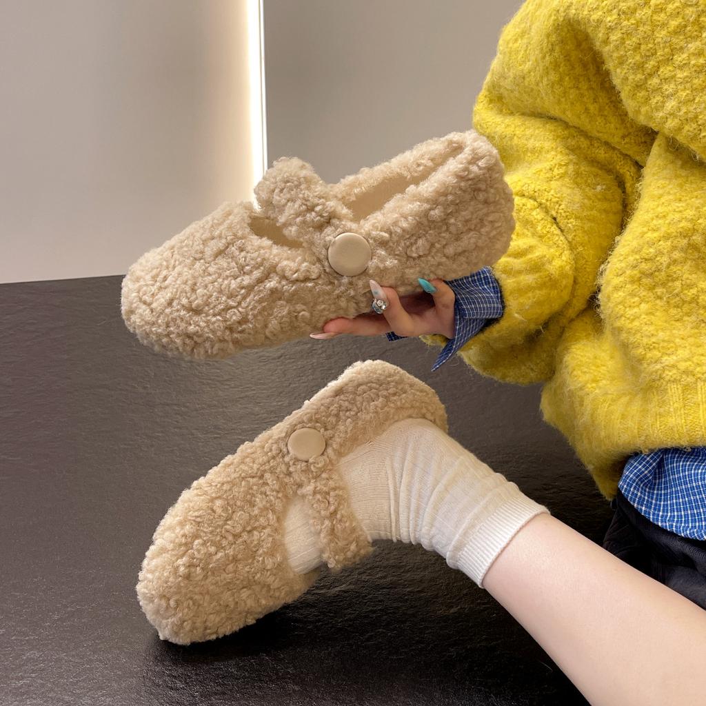 Gentle Fairy Wind Round Head Word with Lamb Wool Shoes Female Autumn and Winter Wear Flat-bottomed Pregnant Women Warm Bean Cotton Shoes