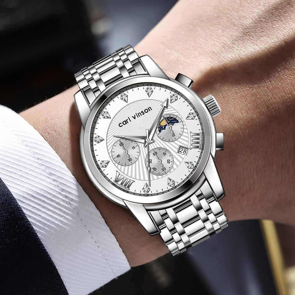 

Men s Multi-function Watch Stainless Steel Strap Bow Buckle Men s Watch Moon Phase Waterproof Luminous Watch