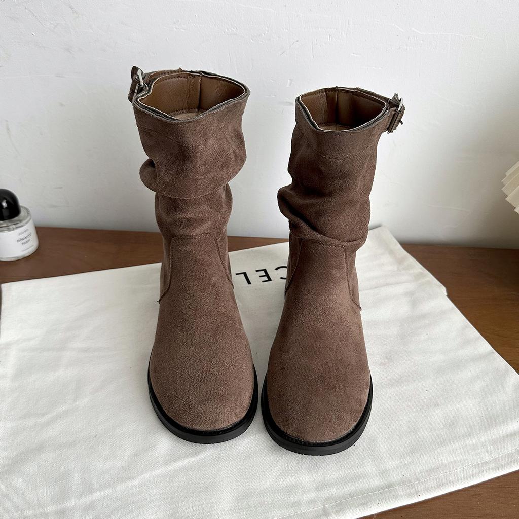 Retro Short Boots Women's 2025 Autumn and Winter New Versatile Medium Tube Knight Stacking Boots Flat-bottomed Sleeve Suede Martin Boots