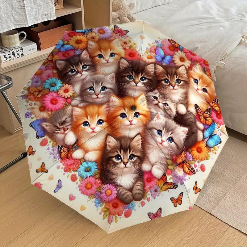 1pc Floral Kittens Butterfly Heart Umbrella with Plastic Handle,Suitable for All Seasons Home Travel Outdoor UmbrellaDD526