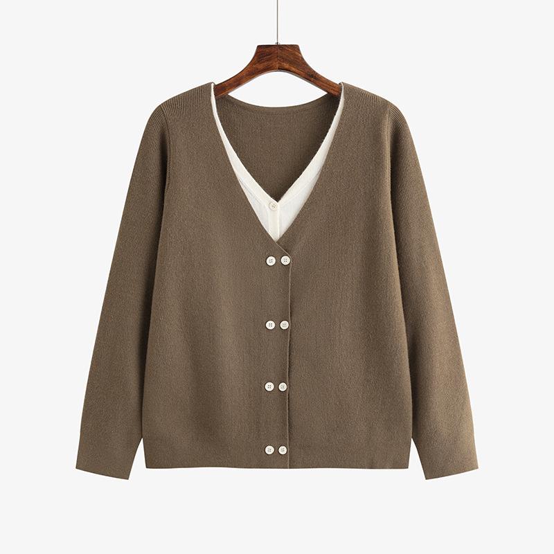 

Плюс Размер Женский Поддельный Два Топа Повседневный Свободный Осенний Винтажный Вязаный Свитер XXXL кофейный