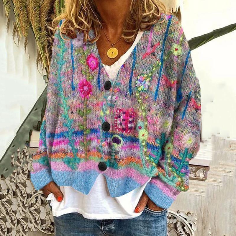 Womens Soft Knit Cardigan Sweater With 3D Print Design Loose Fit Casual Open Front Long Sleeve Pullover