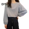 Women T-shirt Round Neck Lantern Long Sleeve Elastic Cuffs Tee Shirt Solid Color Loose Fit Pullover Tops Daily Wear