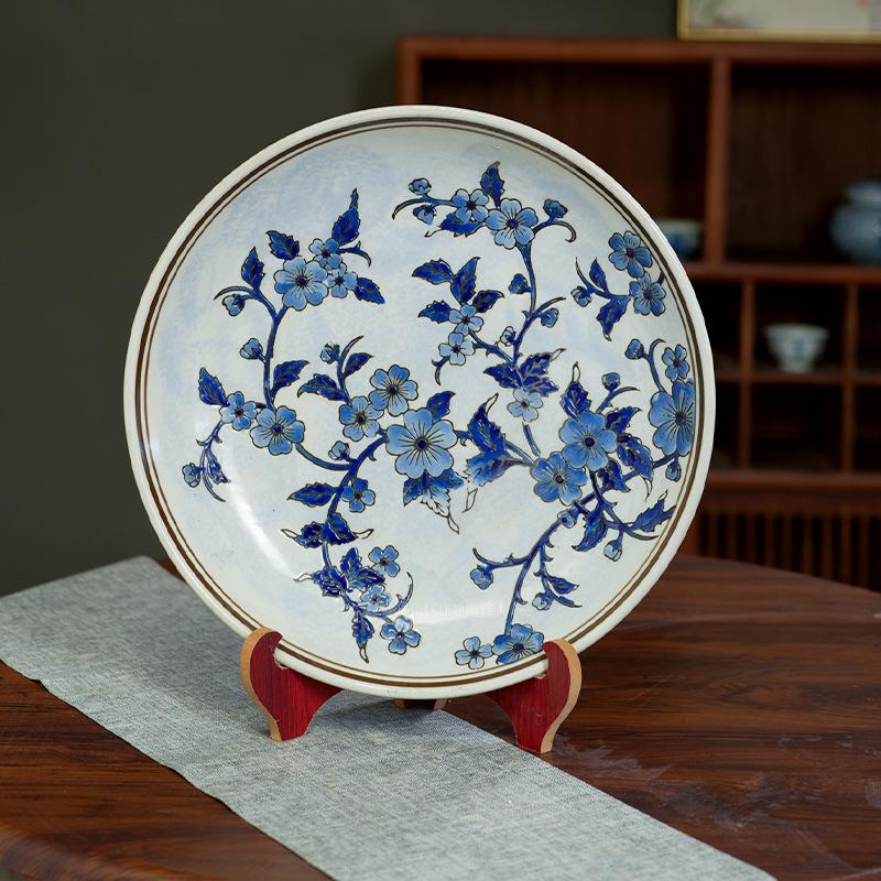 Blue and White Linglong Deep Ceramic Plate - High-End Retro Tea Tray Dish for Home Use