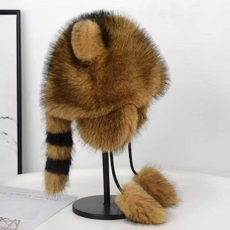 New Winter Thickened Raccoon Anti-wind and Cold Ear Protection Hat Cute Fox Ears Show Face Small Plush Lei Feng Hat